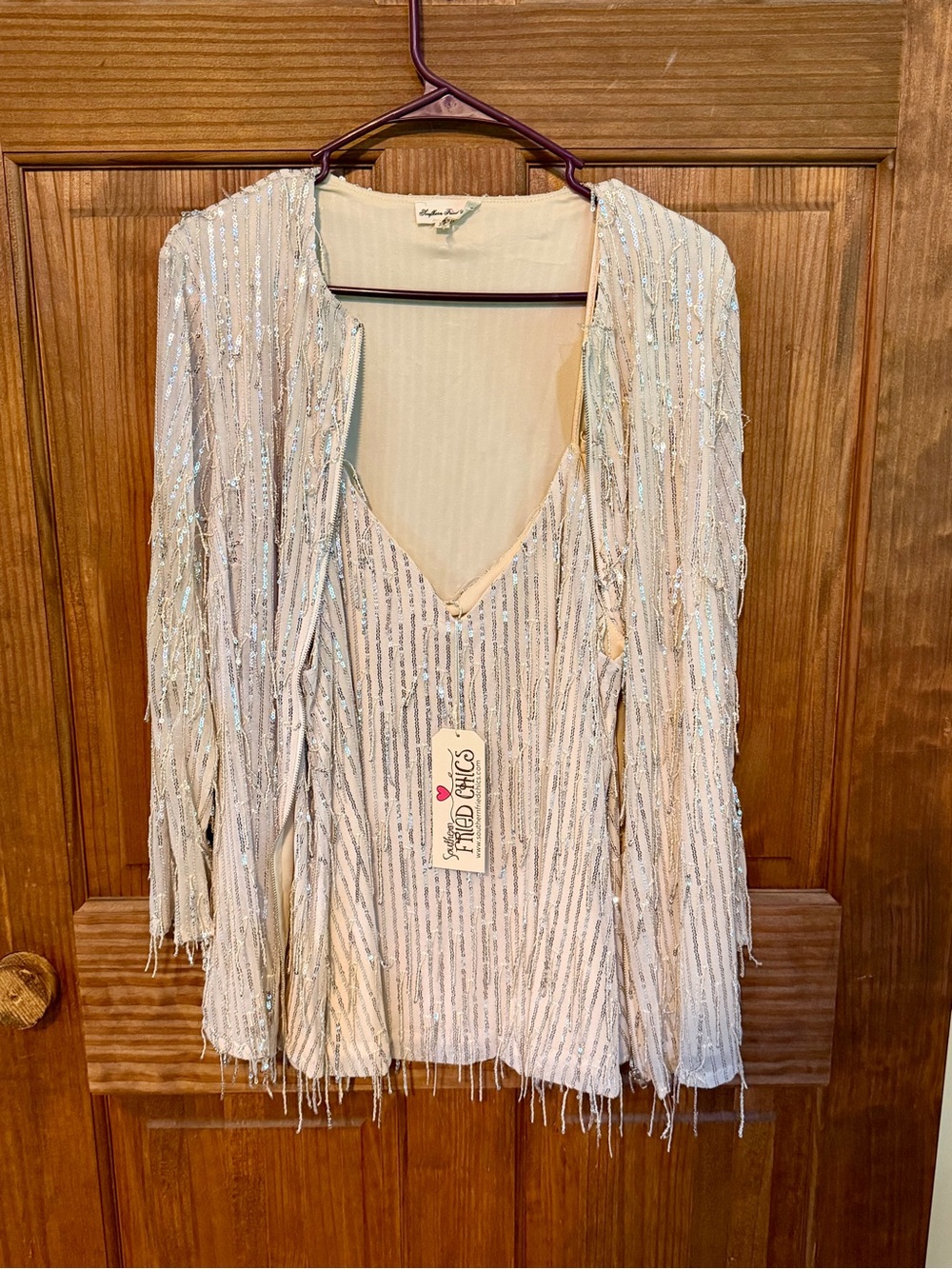 Silver Fringe V-Neck Blouse in Ivory with Matching Jacket